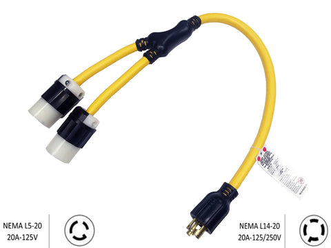 20 Amp 125/250 Volt to (2) 20 Amp 125 Volt, Y Generator Adapter NEMA L14-20 to (2) L5-20